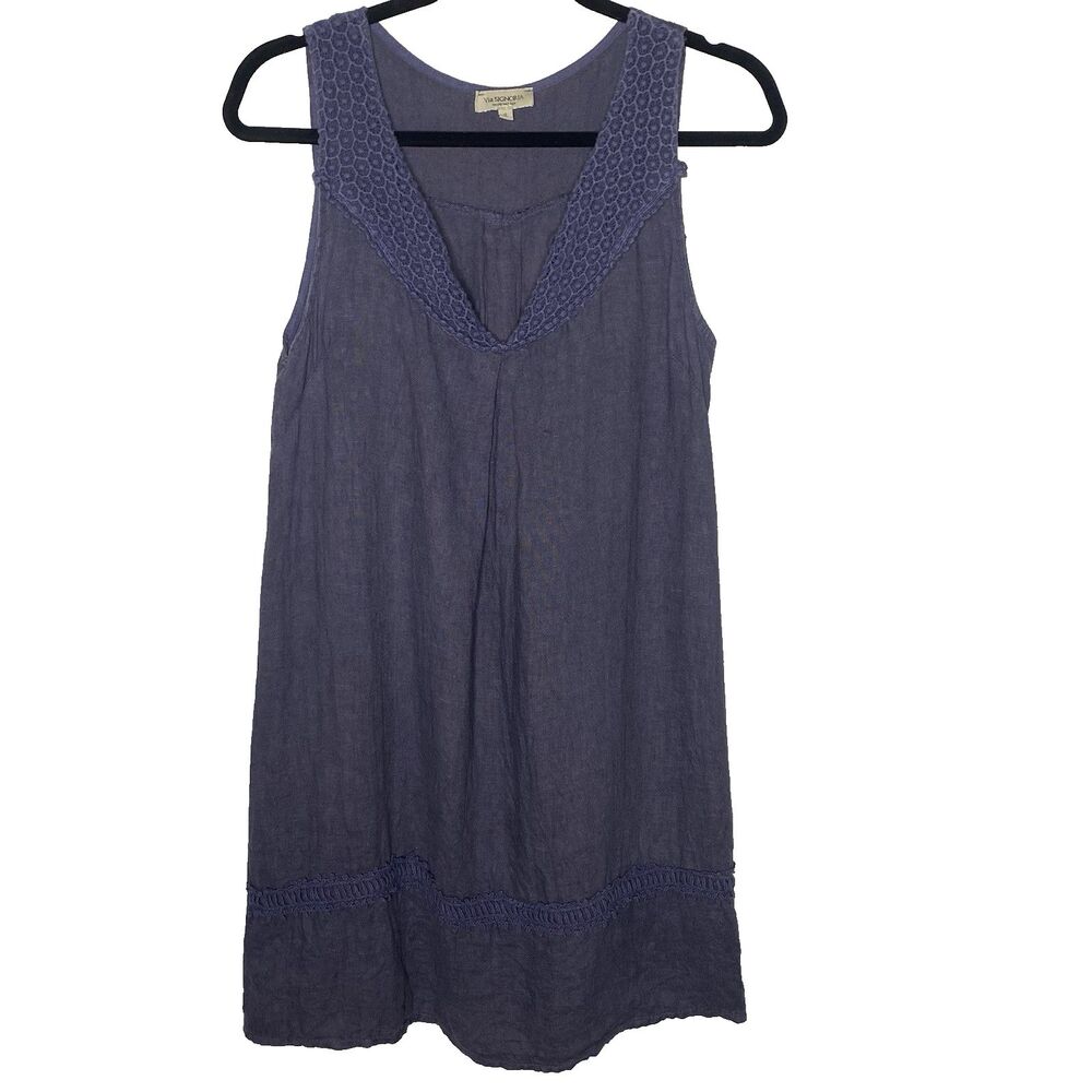 VIA SIGNORIA Linen Shift Dress Crochet Lace Trim Sleeveless Italy Womens S Blue